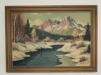 Full view of the framed oil on board landscape painting showing a river flowing through a snowy landscape with trees and mountains, signed T. Foster 1964.