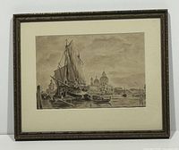 Full view of the framed Venice waterscape etching showing the overall composition and frame.