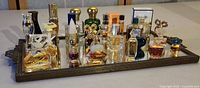 Tray of 19 various miniature perfume bottles with different shapes, sizes, and colors, placed on a mirror tray showing variations in fullness