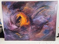 Front view of an abstract landscape oil painting featuring swirling colors in purple, red, and bright orange with visible canvas texture.