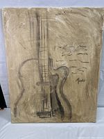 Full view of the monochrome abstract guitar painting on canvas showing the guitar shape in blurred charcoal or pencil lines with textured background.