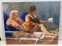 Full view of the canvas painting of two people seated on lounge chairs, set against a blue-gray background.