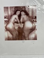 Front view of the vintage art print depicting two nude women in a kitchen setting under protective wrapping, signed by Weil.