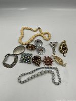 Overview of entire jewelry collection laid flat showing necklaces, bracelet and all brooches