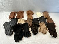 Collection of 18 pairs of women's gloves laid out to show variety of colors, styles, and materials including leather and fur-lined gloves.