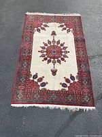 Full-view of rug laid flat showing overall pattern and condition