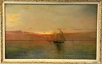Full view of framed painting showing sailboats at sea under sunset sky