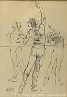 Close-up of pencil sketch showing three figures and artist signature.