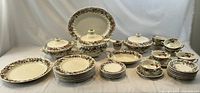 Wide arrangement of entire dinnerware set showing various plates, cups, saucers, lidded serving bowls, and serving platters with floral border pattern.