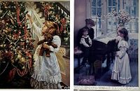 Both prints shown side by side featuring a Christmas tree scene and a piano scene with children.