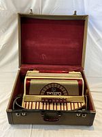 Front view of accordion seated inside open hard shell case showing register switches, grill and keyboard