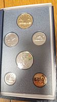 Specimen set of six Canadian coins laid out in protective foam casing inside display box.