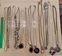 Overview of 14 necklaces laid flat against light background