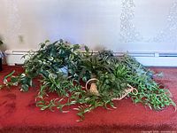 Artificial trailing plants with green leaves and baskets placed on a red carpet