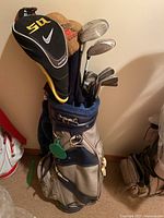 Golf stand bag filled with multiple golf clubs and visible Nike D5 black club cover and tan TaylorMade cover.