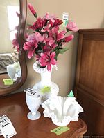 Tall hobnail milk glass vase with pink faux flowers, footed hobnail vase, and ruffled edge Fenton vase