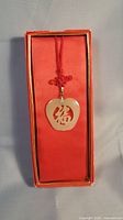 Full view of apple-shaped jade pendant with red cord necklace in box