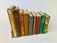 Front view of the set of nine vintage decorator books tightly arranged, showing varied colored spines and titles such as Madame Bovary, La Revue Nationale, Quest of Mexico.