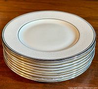 Stack of nine white fine bone china plates with embossed floral pattern on the rim and silver trim, viewed from the side showing uniform stack