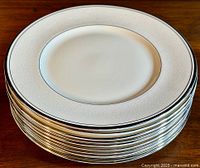 Stack of ten Minton's Bridal Veil dinner plates showing the embossed pattern and black line accents around edges.