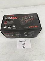 Closed black box featuring Lokithor J402 PRO 12V LiPo jump starter branding and key specifications including suitability for 9.5L gas and 7.5L diesel engines, IP65 rating, 3500 peak amps, USB PD 100W, and 300 lumens light.