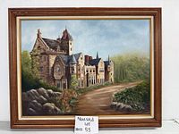 Framed original oil painting on canvas showing a castle or manor house beside a winding dirt road, with trees and rocks in foreground and background.