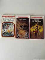 Front view of three vintage paperback Choose Your Own Adventure books showing their covers.