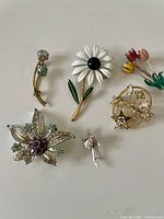 Full view of all six brooches arranged on a white surface showing floral and decorative styles.