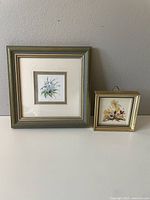 Frontal view of the two framed floral artworks against beige wall, showing relative size and framing.