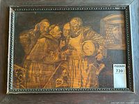 Front view of the antique wood engraving showing five men gossiping with frame damage visible