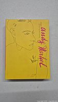Front cover of the Andy Warhol Men book, yellow with pink title and line drawing of a man and bird.