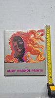 Softcover art book titled 'Andy Warhol Prints' with an illustrated cover showing a female portrait in bright colors.