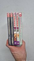 Side view of 5 manga volumes showing spines and titles including Nana Volumes 1 & 2, Honey Hunt Volumes 11 & 12, and Fruits Basket.