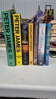 Photo showing seven new fiction books standing upright on a white surface with titles and authors visible on spines.