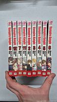 Front spines view of all twelve Vampire Knight manga volumes included in the lot, numbered 1-8, 10-12.