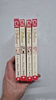 Photo showing four V.B. Rose manga books spines with titles, volume numbers 1, 2, 3 and 5 visible