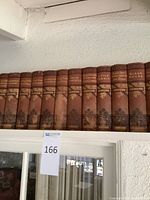 Photo showing antique book spines with titles including Oliver Twist, Bleak House, David Copperfield, Dickens series, worn condition.