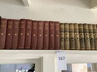 Overall view of the antique books on shelf including Kipling's Works volumes and other antique books with patterned leather spines.