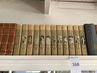 Full shelf view showing various antique books including leather-bound and cloth-bound volumes.