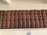 Set of 7 leather-bound antique books titled 'Works of Dumas' with gold embossed text on spine.