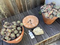 Photo showing two terra-cotta pots with succulents, a round terra-cotta clock, and a decorative rock on a wooden surface.
