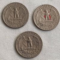 Back view of three USA quarter dollar coins from the 1960s featuring the eagle design and inscriptions.