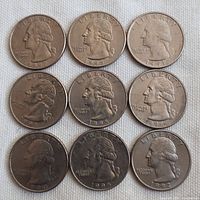 Nine circulated quarters from the 1990s arranged in rows showing obverse side with years including 1991, 1995, 1997, 1990
