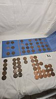 Photo showing coin collection arranged in three blue folders and coins laid out on white cloth.