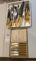 Vintage flatware set including knives and forks with yellowish handles in plastic tray and lined cloth box with butters knives