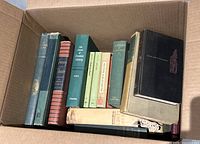 Box of 10 vintage hardcover books showing varied titles and bindings.