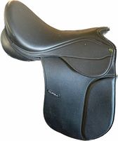 Side view of black synthetic dressage saddle showing Supra branding and smooth, contoured flap design