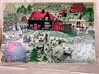 Photo of folk art painting showing detailed depiction of Amish community with bright colors and multiple elements like houses, trees, animals, and people.