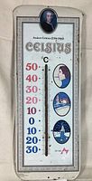 Full view of the thermometer showing Celsius scale, illustrations, and portrait of Anders Celsius.