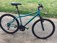 Side view of the Supercycle mountain bike showing blue frame, front suspension, rear gears, and knobby tires